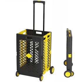 55L Foldable Rolling Cart with Wheels, Portable Updated Utility Tools Rolling Crate w/ Telescopic Handle, Yellow/Gray with Lid  - KM3240