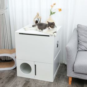 Large Wooden Cat Litter Box Enclosure With Jumping Platform and Fabric Drawer;  Indoor Hidden Cat Washroom Furniture;  White - white