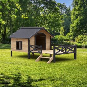 Outdoor Large Wooden Cabin House Style Wooden Dog Kennel with Porch - Yellow Brown