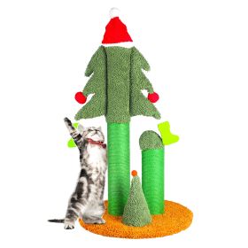 32'' Cat Scratching Post, Tall Christmas Tree Cat Scratcher with 3 Posts and Cute Dangling Teaser Balls, Natural Sisal Rope Cat Toys for Kitty and Adu